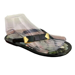 TED BAKER Black Gold Floral Jelly Flip Flops Thongs Size 4 EU 7 US